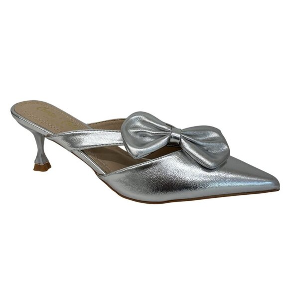 CHASE + CHLOE / Idra-3 / Silver / Pointed / Toe Mule Heels / With Bow Detail Kit - Picture 2 of 9
